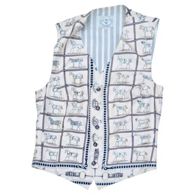 Pre-owned Wathne Silk Vest With Thoroughbred Race Horses & Jockeys In Their Winning Silks In Gray