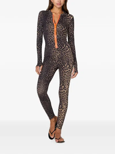 Watskin Lois Leopard-print Long-sleeve Swim Jumpsuit In Brown