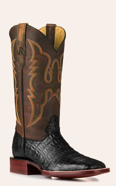 Watson R.  Men's Black Caiman Tail And Tan Wide Square Toe Exotic Cowboy Boots