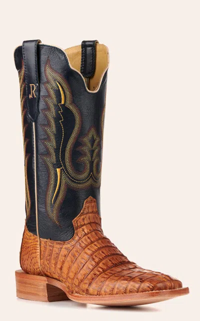 Watson R.  Men's Saddle Hornback Caiman Tail And Navy Wide Square Toe Exotic Cowboy Boots In Blue