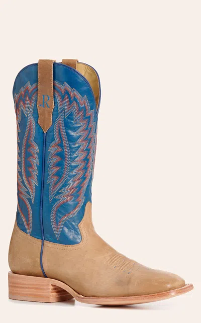 Watson R.  Men's Sand Cowhide & Denim Goat Leather Wide Square Toe Cowboy Boots In Brown