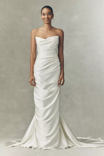 Watters Delphinium Strapless Ruched Column Wedding Gown In White