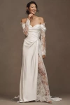 Watters Harlow Off-the-shoulder Satin & Lace Wedding Gown In White
