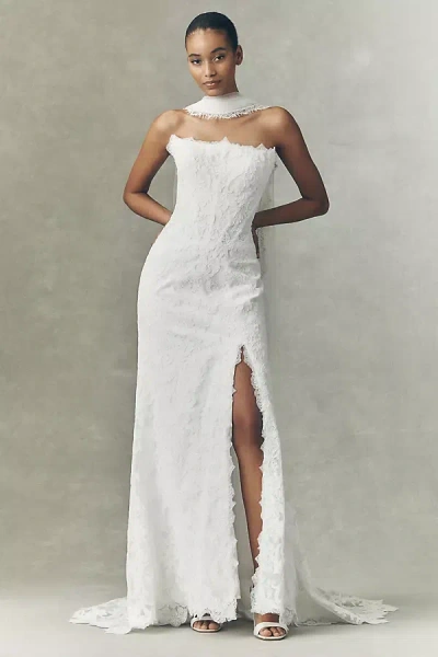 Watters Josephina Strapless Lace Column Wedding Gown In White