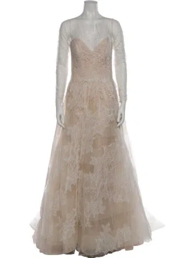 Pre-owned Watters Lace Pattern Long Dress In Neutral