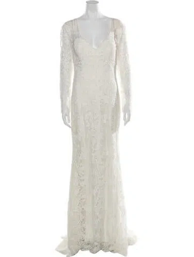 Pre-owned Watters Lace Pattern Long Dress In Neutrals