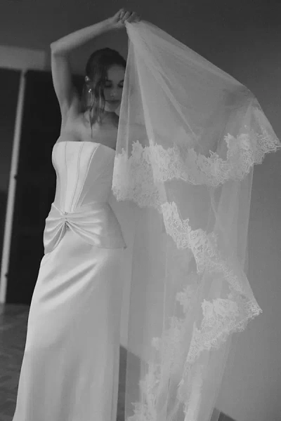 Watters Lace Trim Blusher Veil In White