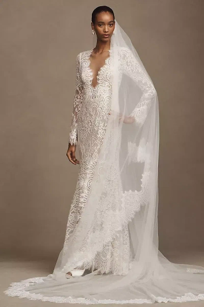 Watters Lace-trim Cathedral Veil In White