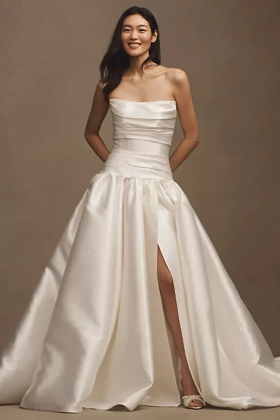 Watters Leighton Mikado Strapless Drop-waist Draped Ball-skirt Wedding Gown