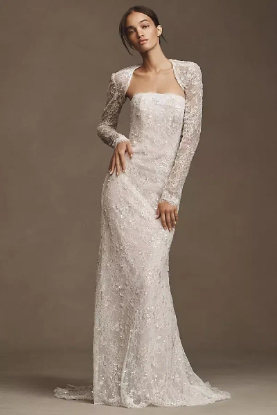 Watters Maeve Strapless Sequin Lace Sheath Wedding Gown In White