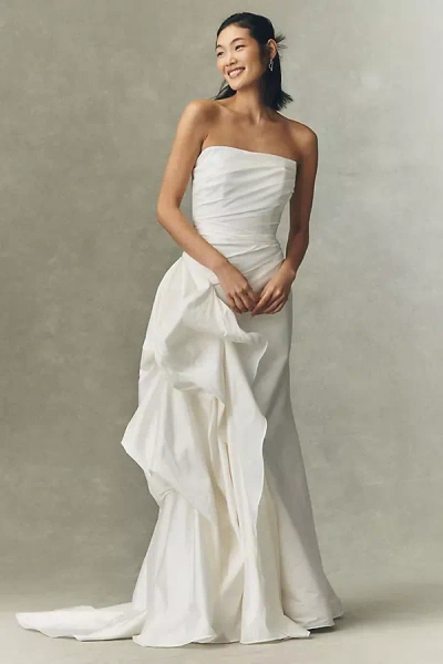 Watters Monroe Strapless Ruffled Column Wedding Gown In White