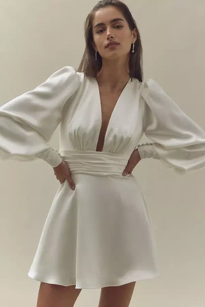 Watters Petal Long-sleeve Plunge Charmeuse Mini Dress In White