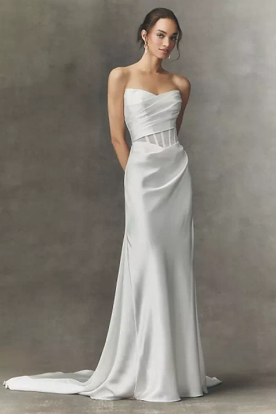 Watters Sonya Strapless Sheer Satin Column Wedding Gown In White