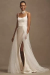Watters Veronica Satin Square-neck Chiffon-overlay A-line Wedding Gown