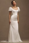 Watters Willowby By  Collins Puff-sleeve Satin Column Wedding Gown