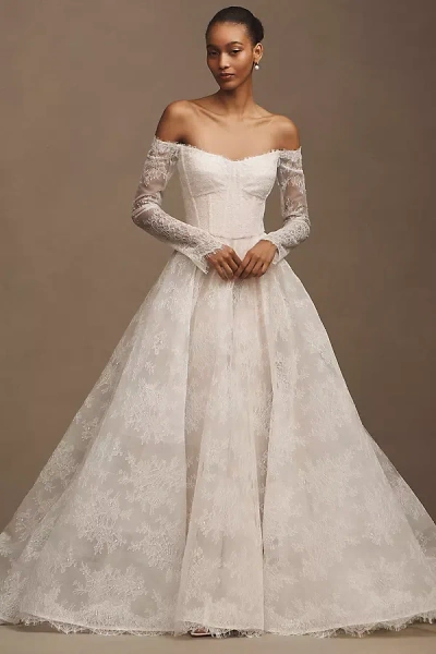 Watters Wtoo By  Pendant Lace Off-the-shoulder Long-sleeve Ball-skirt Wedding Gown In White