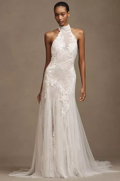 Watters Zoe Halter Fit & Flare Beaded Lace Wedding Gown In White