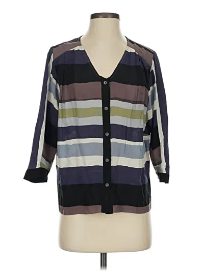 Pre-owned Waverly Grey 3/4 Sleeve Silk Top Gray Stripes Pattern Square Neckline Tops
