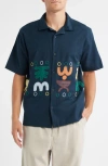 Wax London Didcot Bold Doodle Embroidered Cotton & Linen Camp Shirt In Blue