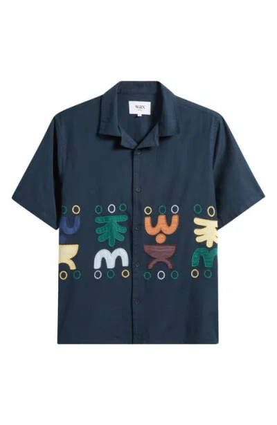 Wax London Didcot Bold Doodle Embroidered Cotton & Linen Camp Shirt In Blue