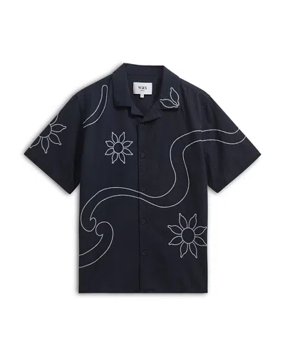 Wax London Mens Didcot Navy Bold Floral Embroidered Short-sleeve Shirt