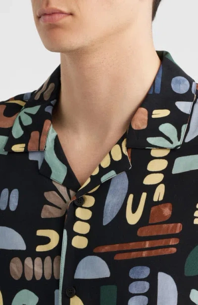 Wax London Didcot Geo Block Print Camp Shirt In Black