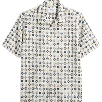 Wax London Didcot Geo Tile Print Stretch Seersucker Camp Shirt In White
