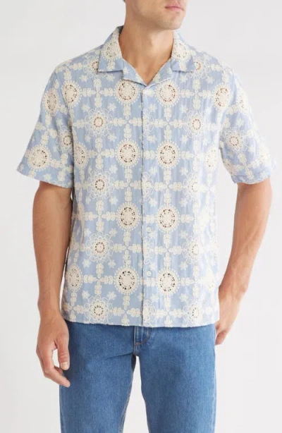 Wax London Didcot Lace Detail Short Sleeve Cotton Camp Shirt In Blue
