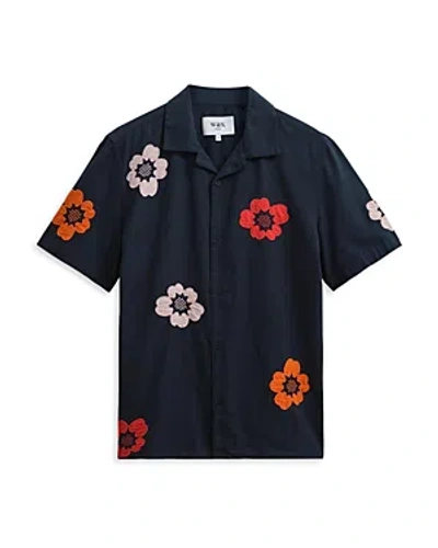 Wax London Didcot Relaxed Fit Short Sleeve Printed Button Front Camp Shirt In Navy