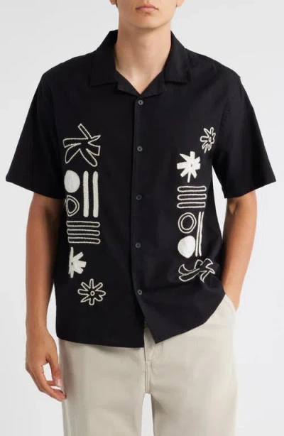 Wax London Didicot Embroidered Appliqué Cotton Camp Shirt In Black