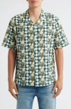 Wax London Didicot Geo Print Cotton Seersucker Camp Shirt In Green