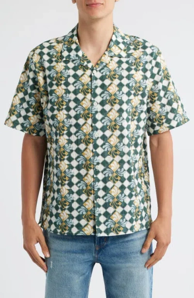 Wax London Didicot Geo Print Cotton Seersucker Camp Shirt In Green