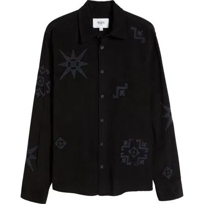 Wax London Geometric Pattern Corduroy Button-up Shirt In Black