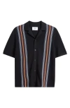 Wax London Ivy Stripe Knit Cotton Camp Shirt In Black