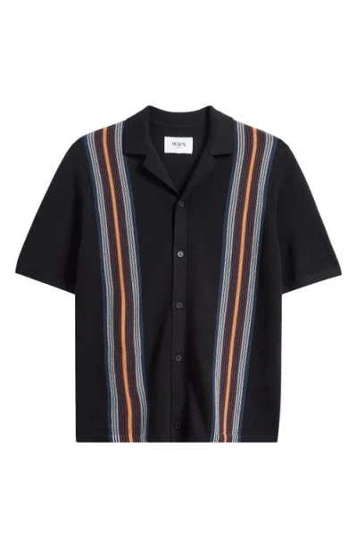 Wax London Ivy Stripe Knit Cotton Camp Shirt In Black