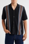 Wax London Ivy Stripe Knit Cotton Camp Shirt In Black