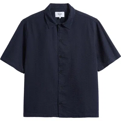 Wax London Keats Short Sleeve Cotton Seersucker Button-up Shirt In Blue