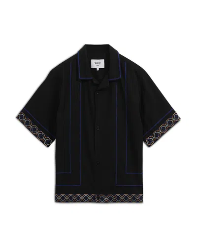 Wax London Lido Border Print Camp Shirt In Black/blue