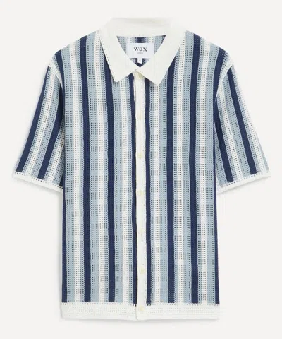 WAX LONDON WAX LONDON MENS PORTO BLUE AND ECRU STRIPE CROCHET KNITTED POLO SHIRT