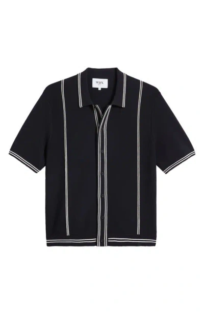 Wax London Minori Short Sleeve Milano Knit Button-up Shirt In Navy