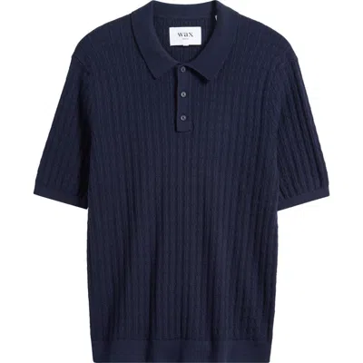 Wax London Naples Diamond Stitch Cotton & Cashmere Polo Sweater In Blue
