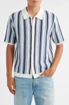 Wax London Porto Stripe Short Sleeve Cotton Blend Button-up Shirt In Blue