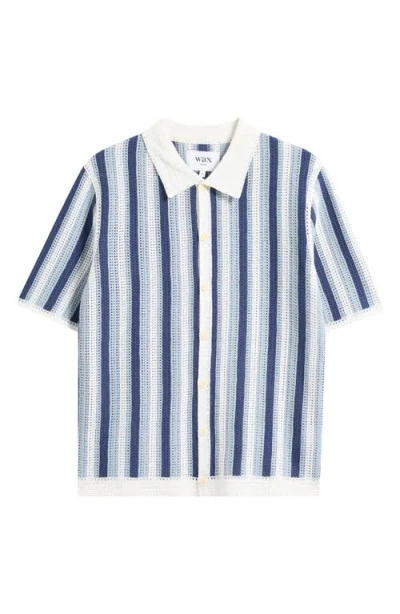 Wax London Porto Stripe Short Sleeve Cotton Blend Button-up Shirt In Blue