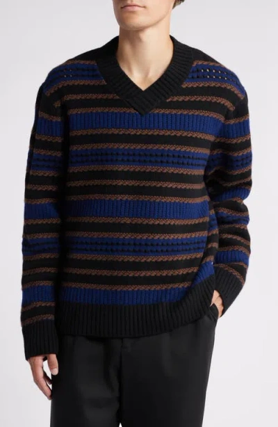 Wax London Scafell Stripe Wool V-neck Sweater In Black/blue