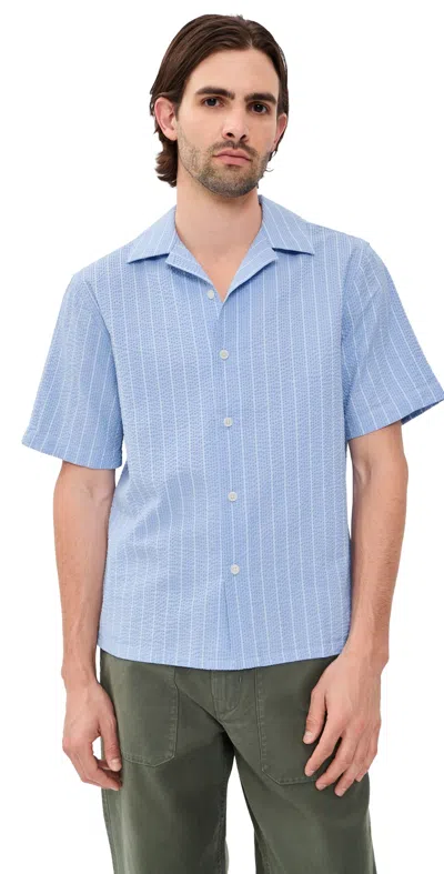 Wax London Seersucker Stripe Didcot Shirt Blue/ecru