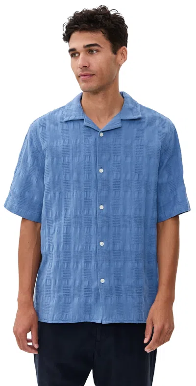 Wax London Seersucker Waffle Didcot Shirt Mid Blue