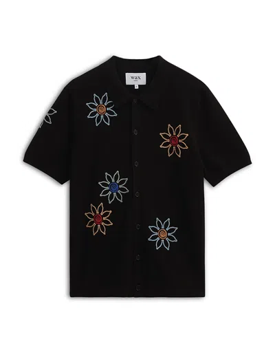 Wax London Tellaro Embroidered Button Front Shirt In Black/multi