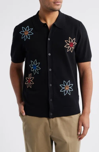 Wax London Tellaro Floral Embroidered Short Sleeve Button-up Shirt In Black