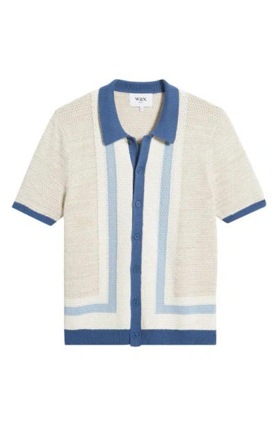 Wax London Tellaro Pointelle Knit Button-up Shirt In Blue / Ecru