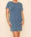 Way Sheath Dress With Denim Fringe In Light Denim In Grey